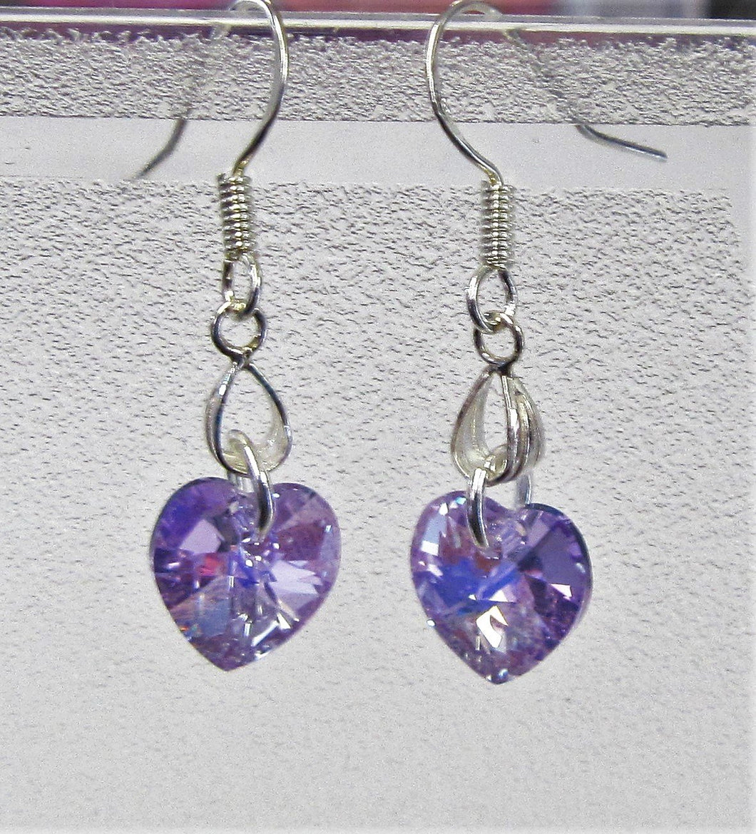 Handcrafted swarovski Crystal purple hearts on sterling silver earring hooks