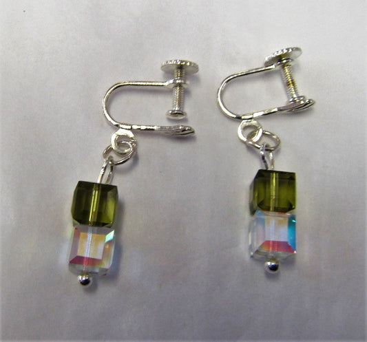 Handcrafted green and clear cube swarovski crystal screw fastening earrings