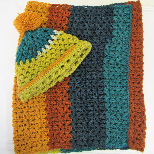 Handcrafted crochet blue, green and brown woollen hat and snood set