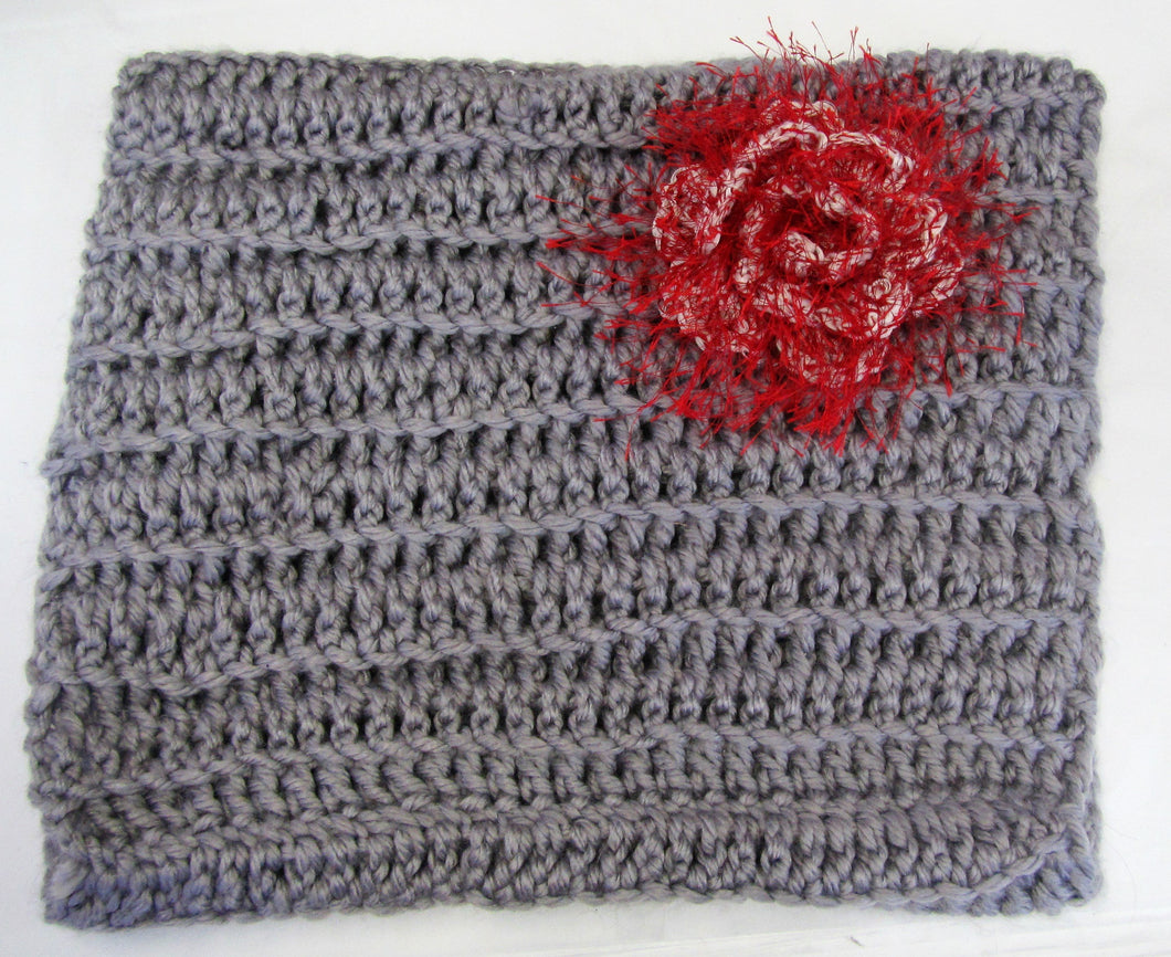 Handcrafted unique acrylic wool crochet grey snood with red flower