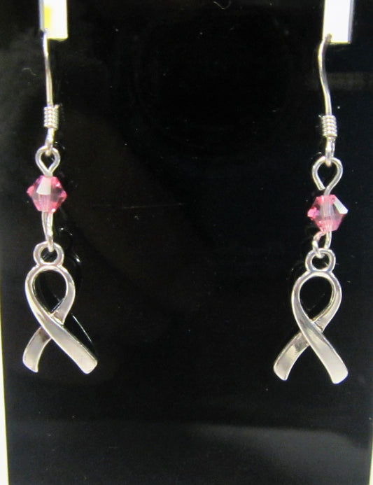 Handcrafted pink ribbon earrings on 925 sterling silver hooks