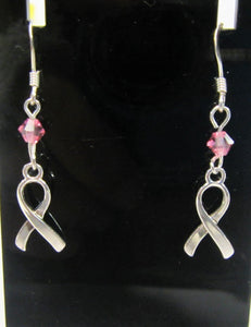 Handcrafted pink ribbon earrings on 925 sterling silver hooks