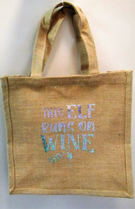 Handcrafted "This elf runs on Wine" bag in hessian material