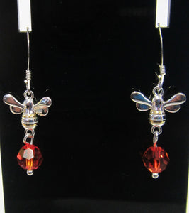 Handcrafted Bee and orange crystal earrings on 925 sterling silver hooks