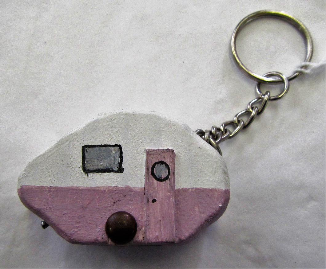 Handcrafted purple and white caravan wooden key ring