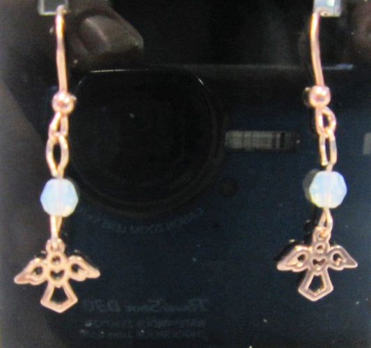 Handcrafted angel earrings on 925 sterling silver rose gold plated hooks and swarovski crystal