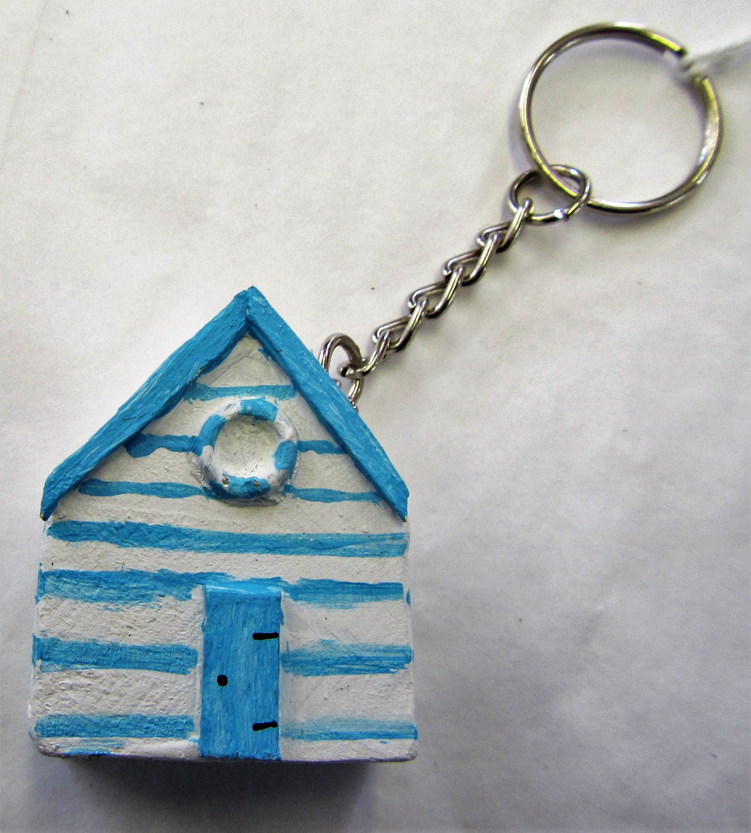 Handcrafted beach hut wooden key ring in various colours