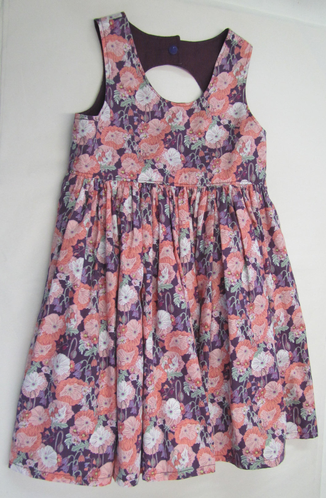 Hand crafted peach and purple floral dress fully lined 5 years