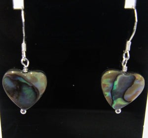 Handcrafted Sterling Silver abalone heart earrings, approximately 3 cm in length