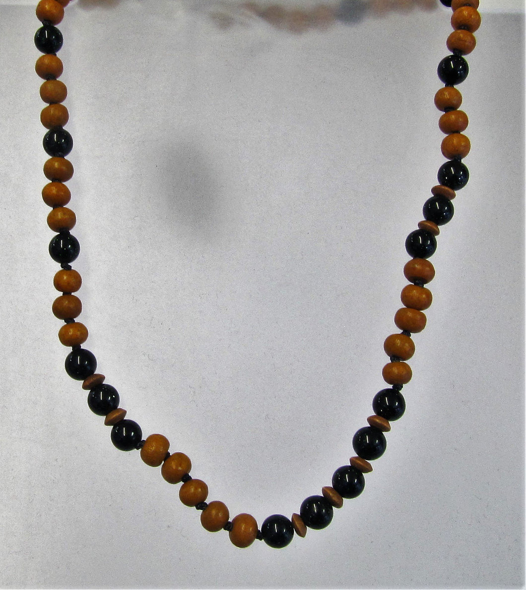 Handcrafted black agate and wood necklace with silver clasp