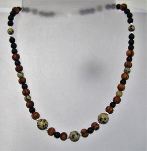 Handcrafted black agate, wood and dalmatian jasper necklace with silver clasp