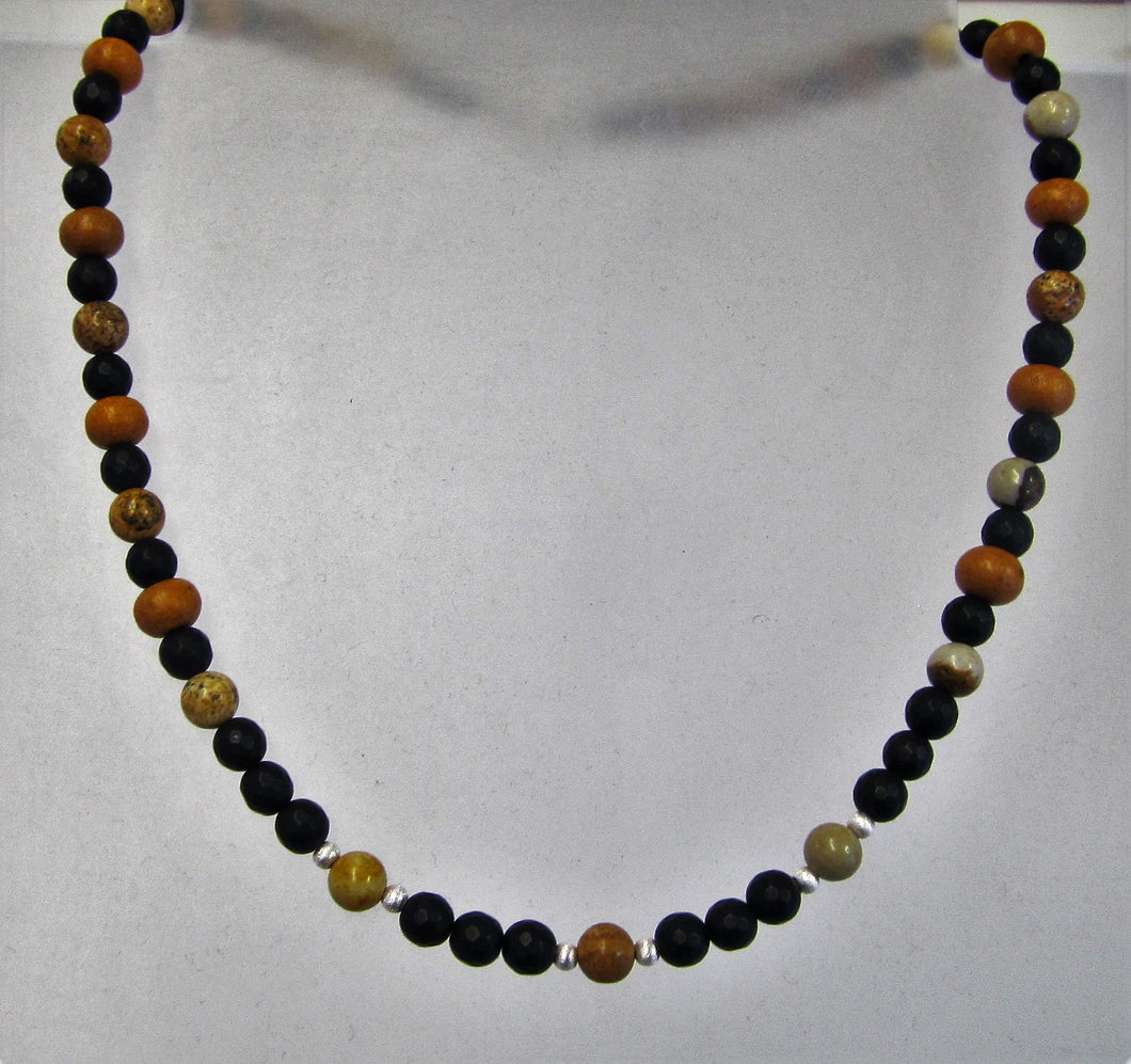 Handcrafted black agate, wood and picture jasper necklace with silver clasp