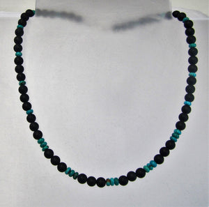 Handcrafted black agate and sleeping beauty turquoise necklace with silver clasp