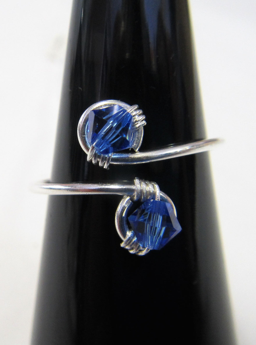 Handcrafted sterling silver wire ring with Blue swarovski crystals Size N+