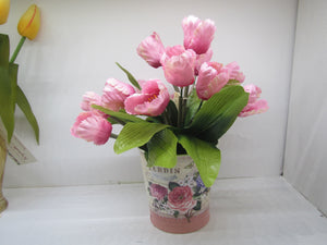 Handcrafted pink tulips in a tin (real imitation flowers)