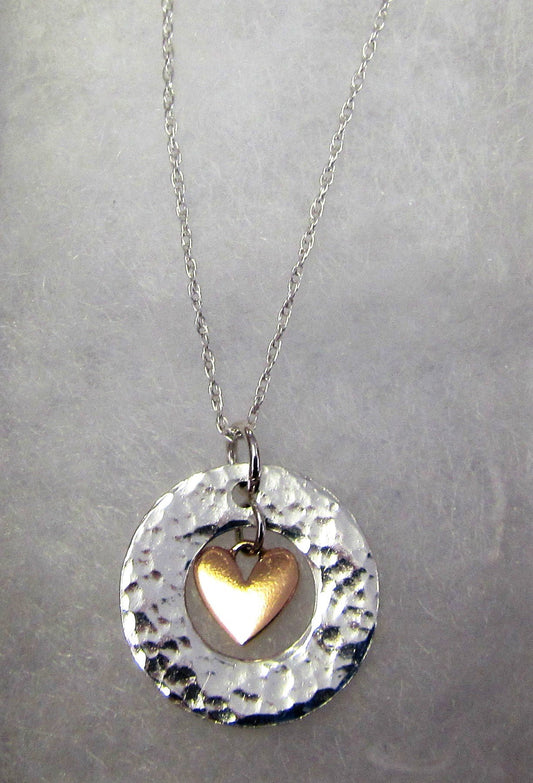 Handcrafted 925 sterling silver hammered circle with hanging rose gold heart necklace
