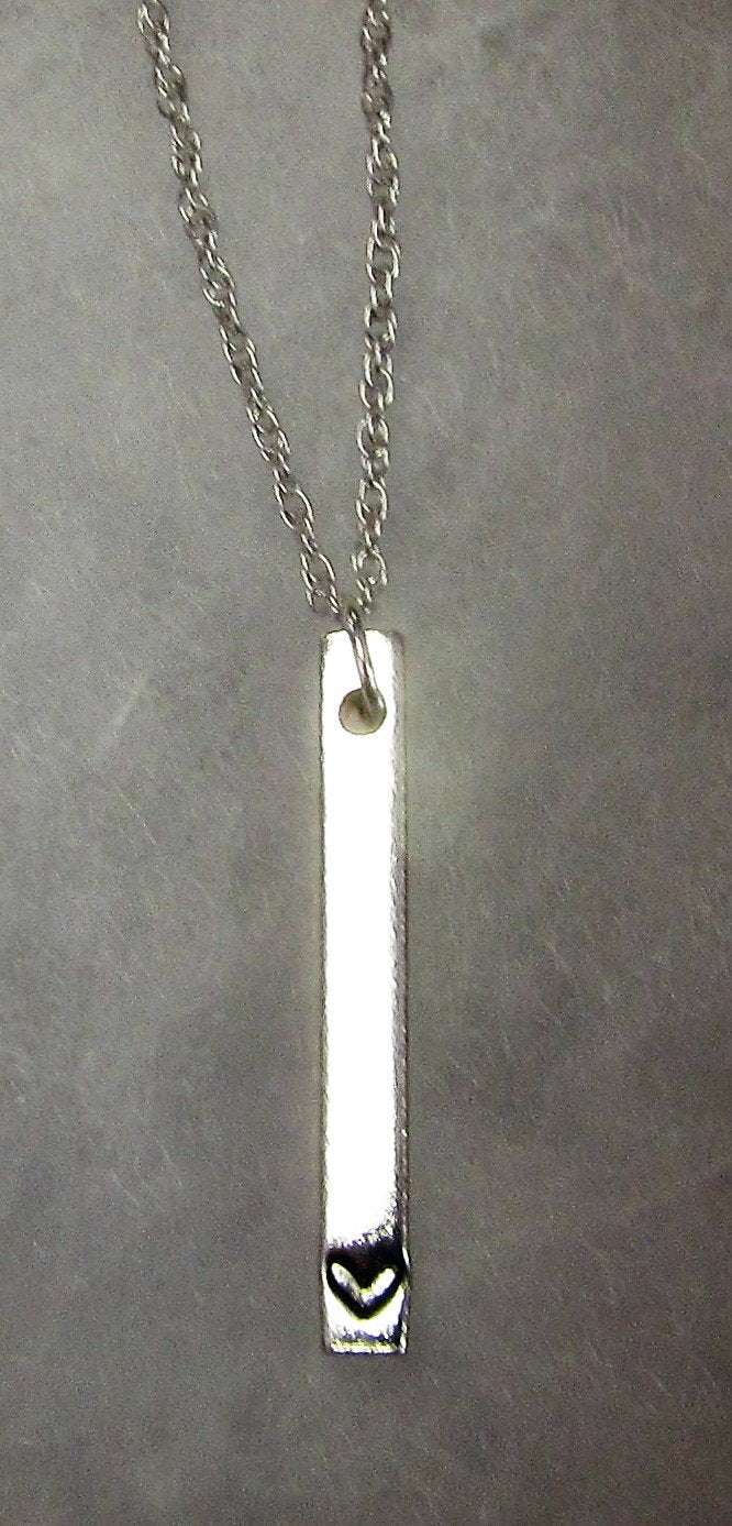 Handcrafted 925 sterling silver rectangular bar with stamped heart necklace