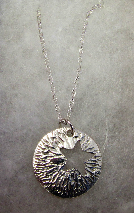 Handcrafted 925 sterling silver reticulated disk with cut out star necklace