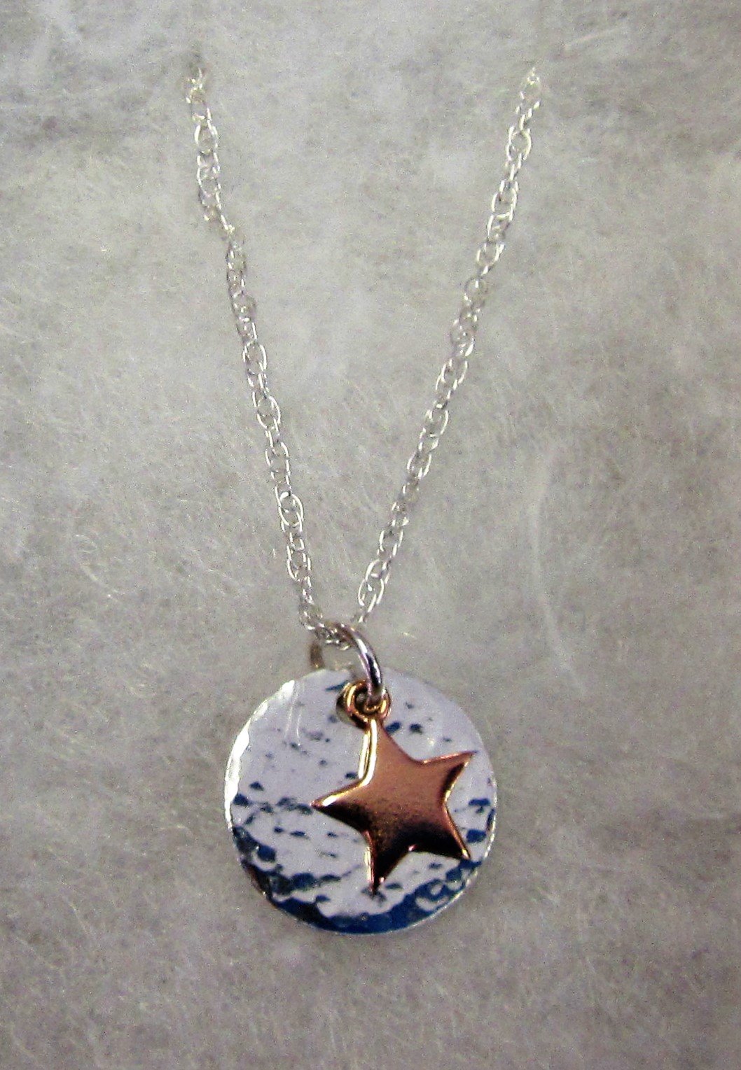Handcrafted 925 sterling silver hammered disk with rose gold hanging star necklace