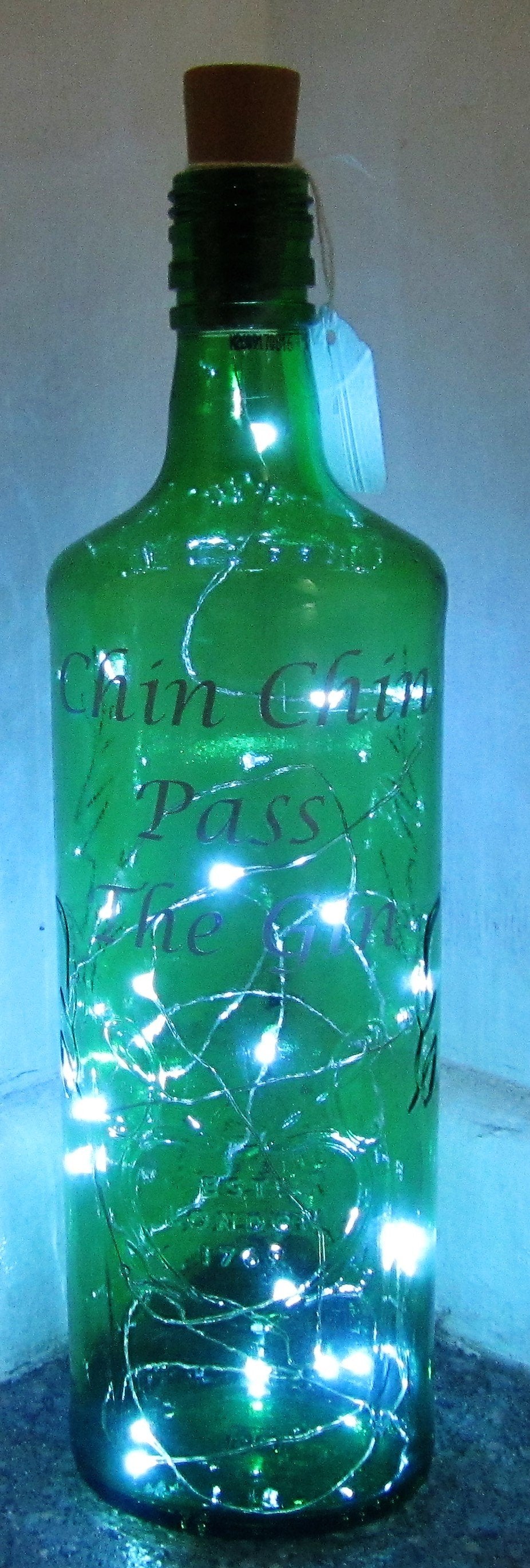 Unique handcrafted "Chin Chin pass the Gin" light up bottle