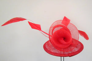 Handcrafted red flower fascinator with feathers on a hair band or clip
