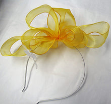 Load image into Gallery viewer, Handcrafted yellow bow fascinator on a hair band or hair clip
