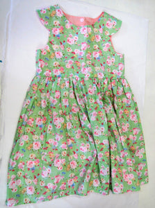 Handcrafted green dress with pink flowers and fully lined 4-5 years