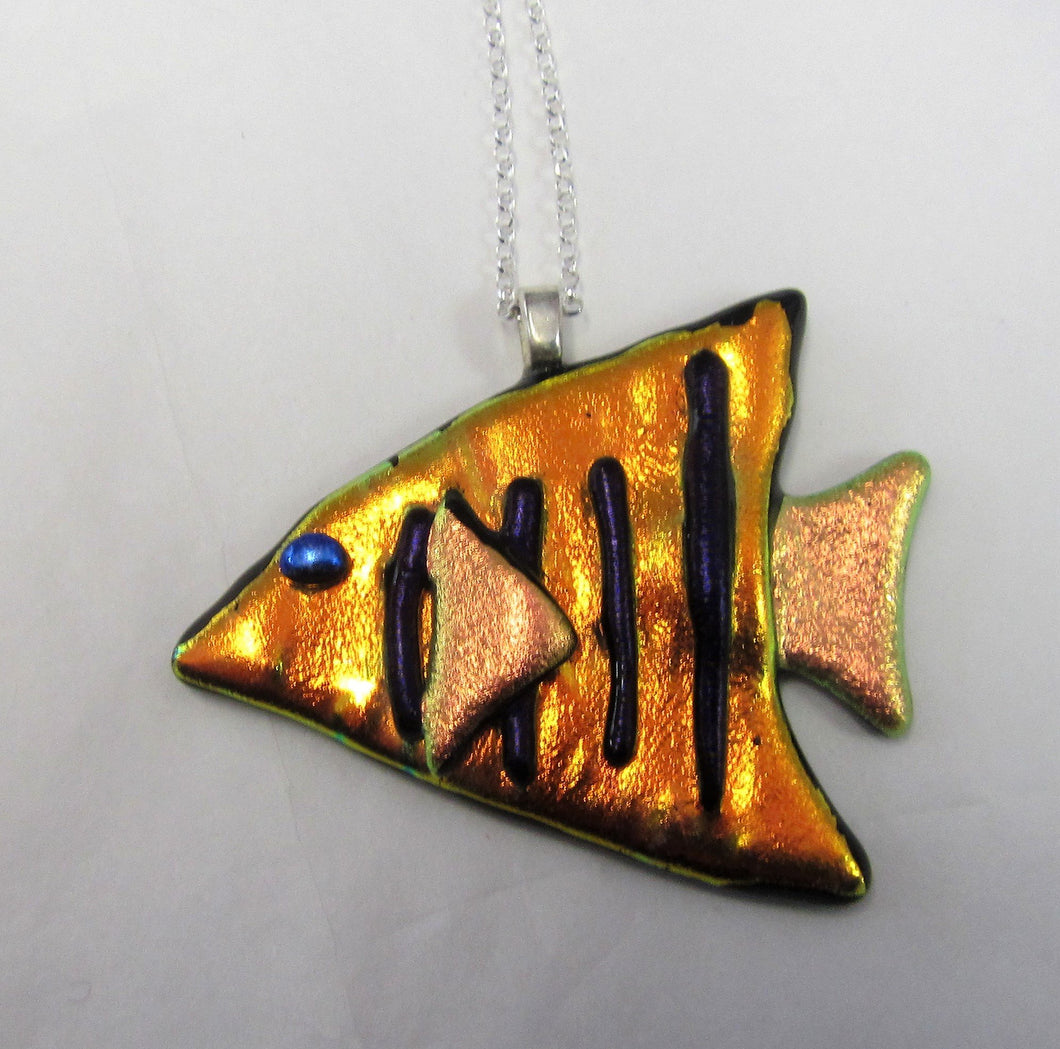 Handcrafted dichroic glass fish on a sterling silver necklace