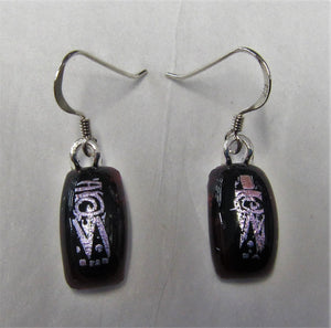 Handcrafted dark fuschia with dichroic glass pattern fused glass earrings on 925 sterling silver hooks