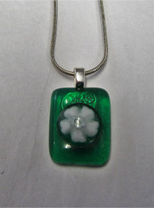 Handcrafted green with white flower fused glass pendant with 925 Silver necklace