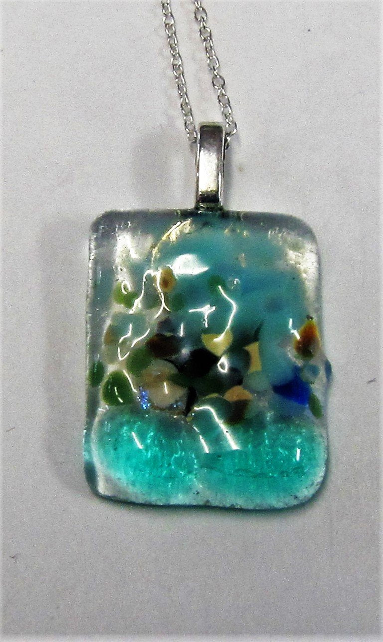 Handcrafted blue and clear fused glass pendant with 925 Silver necklace