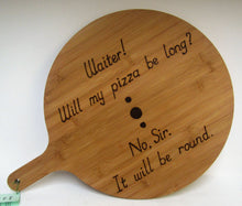 Load image into Gallery viewer, Handcrafted Bamboo Pizza Boards with various pyrography wording