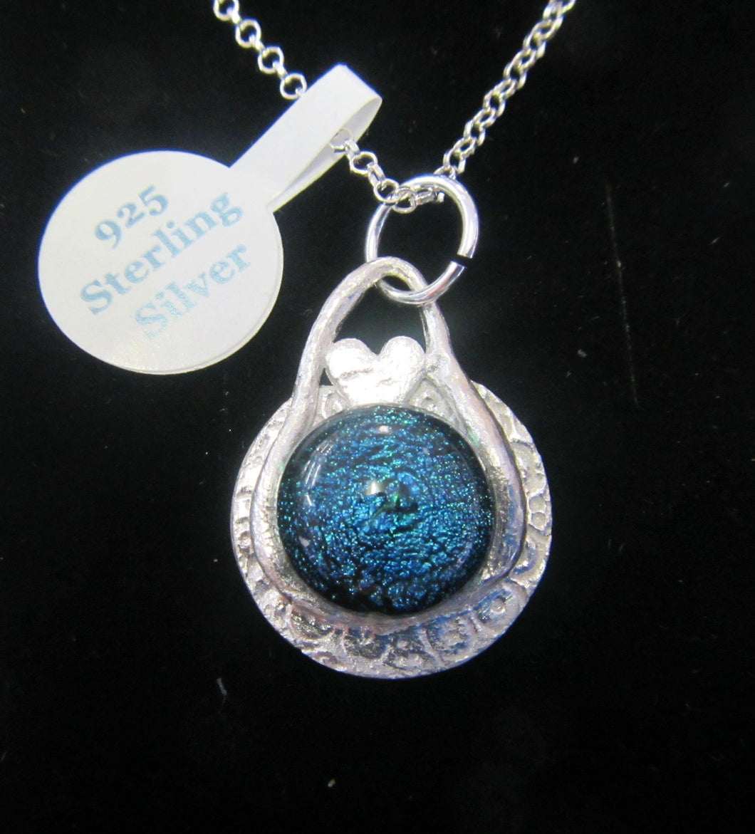 Handcrafted blue fused glass mounted on silver disk pendant with 925 Silver necklace
