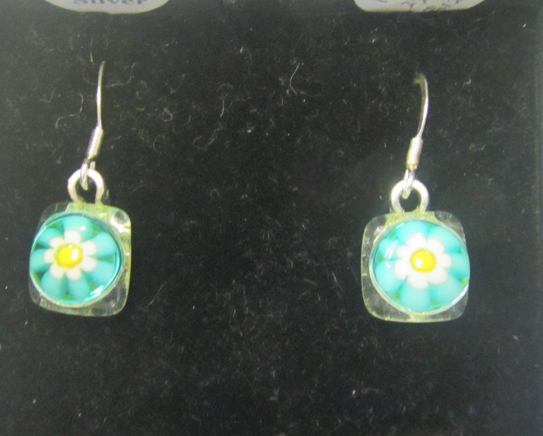 Handcrafted blue flower fused glass earrings on 925 posts hooks