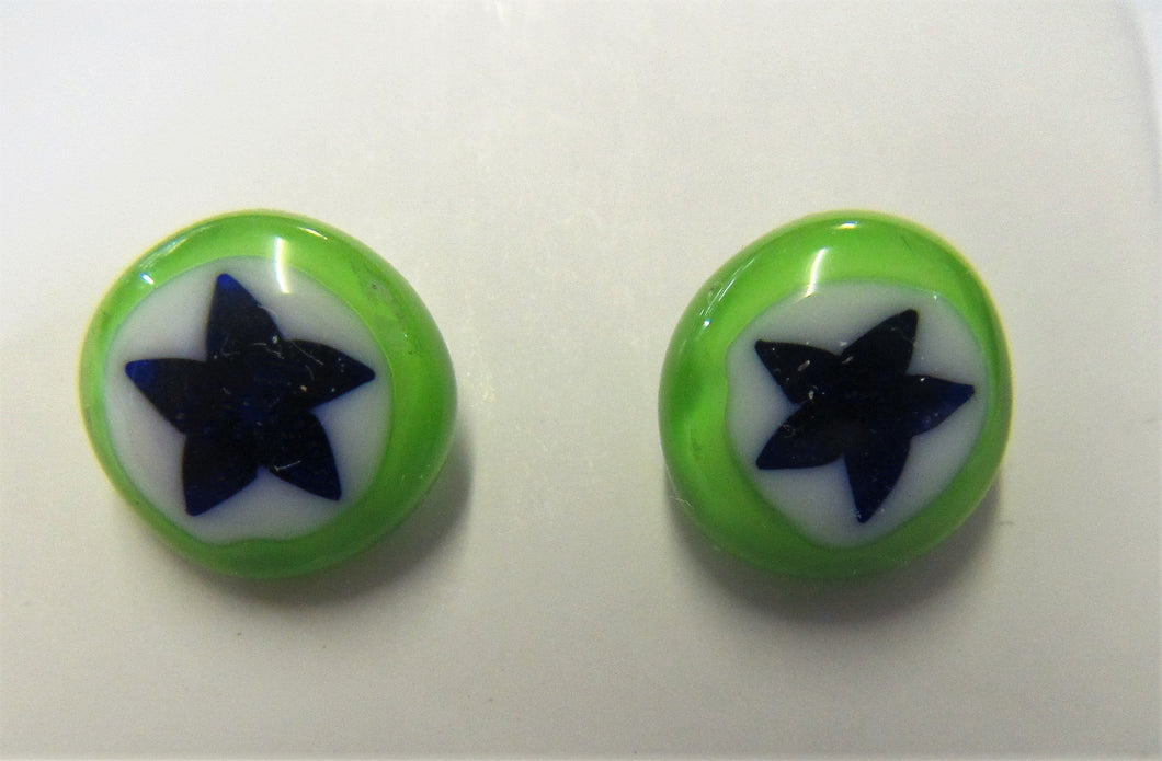 Handcrafted green with blue stars fused glass stud earrings on 925 posts and butterflies