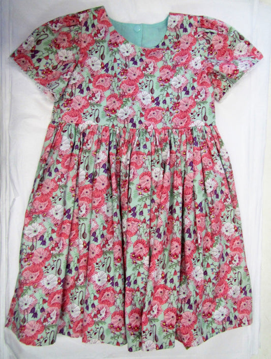 Handcrafted mint and pink summer poppies  fully lined dress 4-5 years