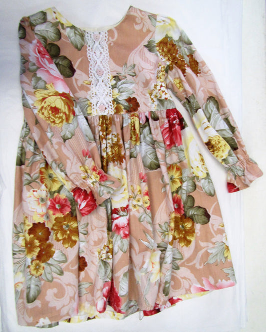 Handcrafted peachy floral long sleeve dress 4-5 years