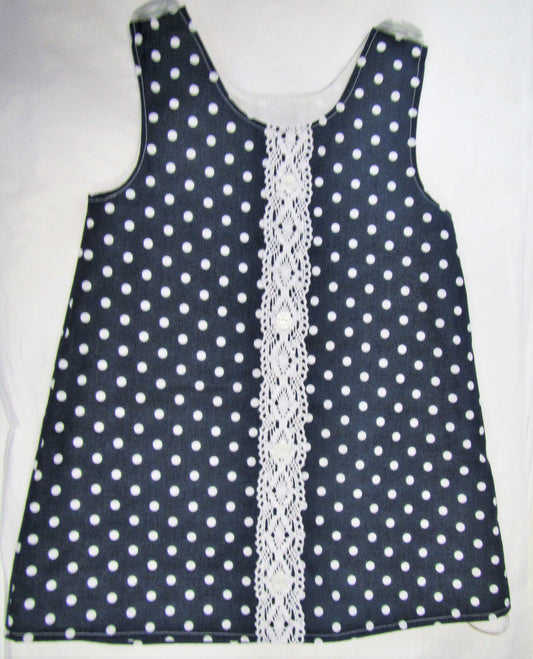 Handcrafted blue polka dot pinafore 2-3 years