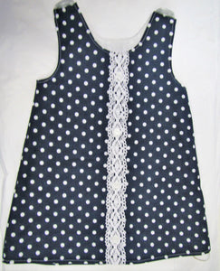 Handcrafted blue polka dot pinafore 2-3 years