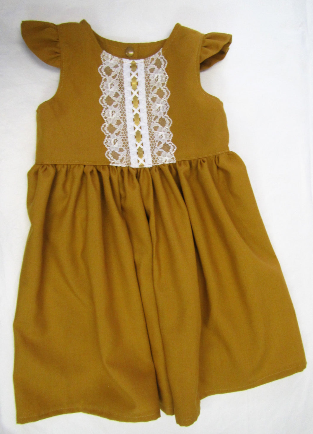 Handcrafted mustard lace ribbons dress 2 years