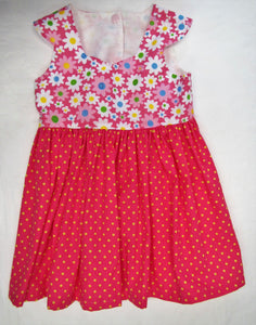 Handcrafted pink daisy and spot dress 9-12 months