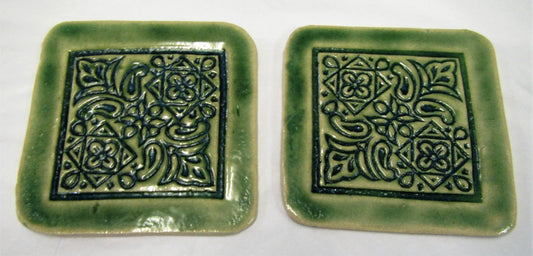 Handcrafted beautiful Ceramic Green patterned coasters sets of 2 coasters