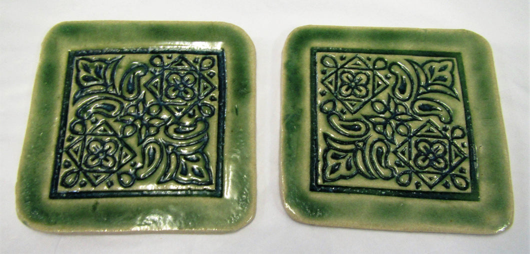 Handcrafted beautiful Ceramic Green patterned coasters sets of 2 coasters