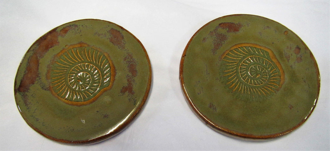 Handcrafted beautiful ceramic green ammonite coasters sets of 2 coasters