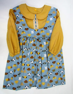 Hand crafted blue puppy dress with mustard blouse 1-2 years