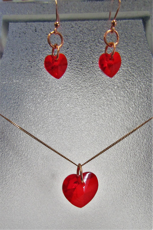 Handcrafted swarovski Crystal red hearts on rose gold plated necklace and earring set