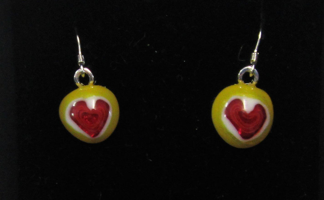 Handcrafted yellow fused glass with heart pattern earrings on 925 sterling silver hooks
