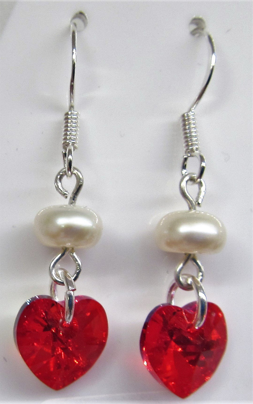 Handcrafted swarovski Crystal red heart with pearl on sterling silver earrings