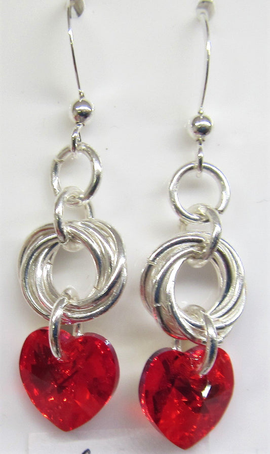 Handcrafted swarovski Crystal red heart with silver circles on sterling silver earrings