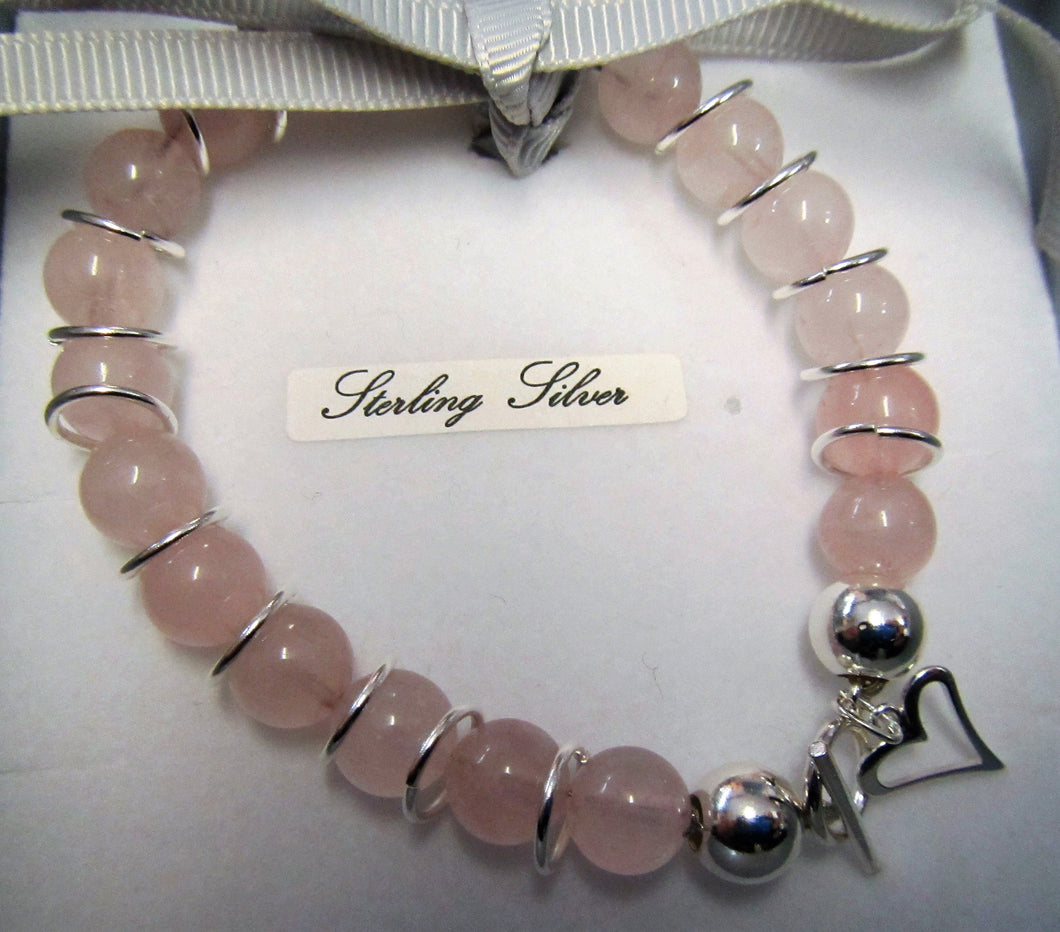Handcrafted Rose Quartz sterling silver heart bracelet with toggle clasp